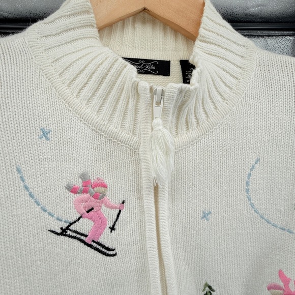 Vtg Crystal Kote Womens XL Cream Skiing Ice Skating Embroidered Zip Up Sweater - Picture 4 of 9